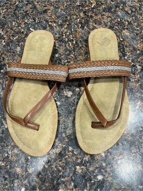 Women’s Brown Braided Thong Sandals with Rhinestone Accent